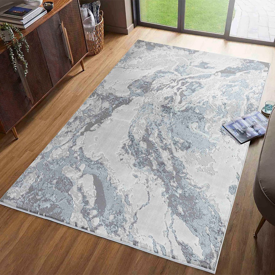 grey abstract rug in a living room