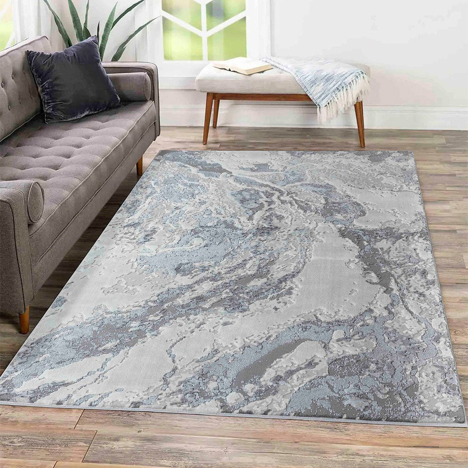 grey abstract rug in a living room