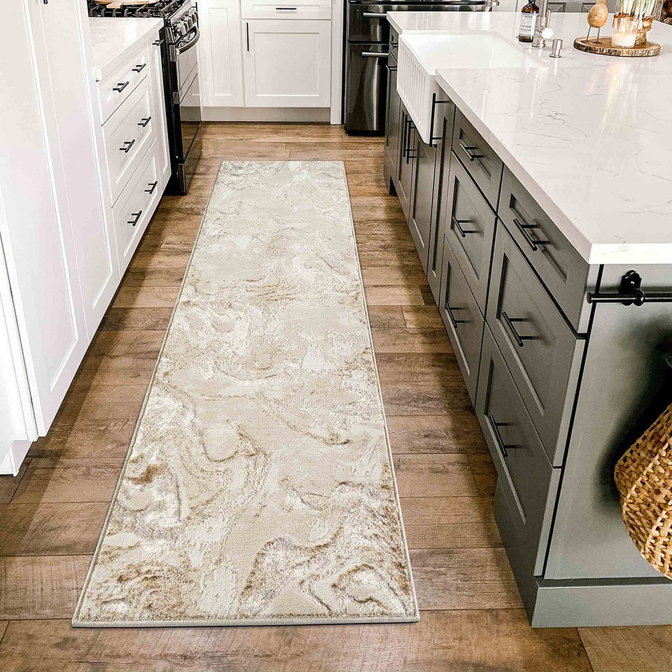 beige abstract rug runner in a kitchen