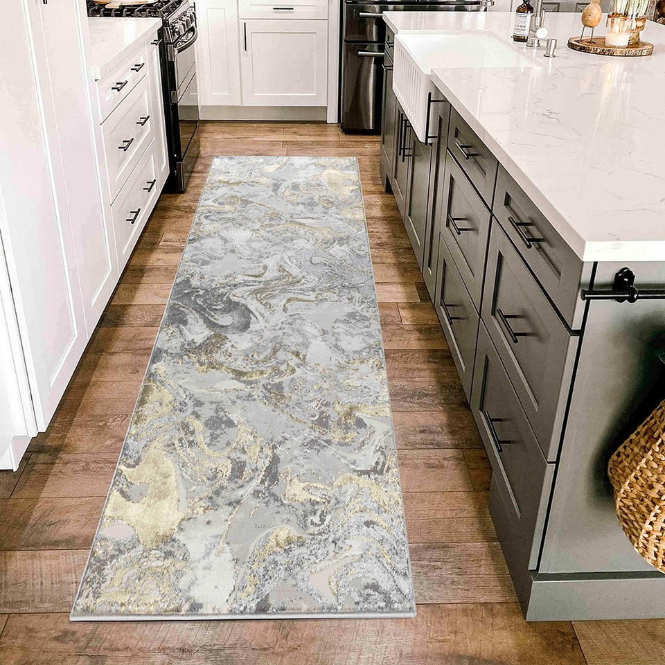 gold grey abstract rug runner in a kitchen
