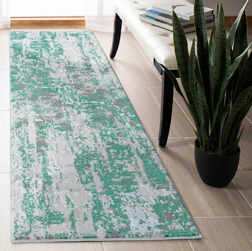 aqua grey abstract rug runner hallway
