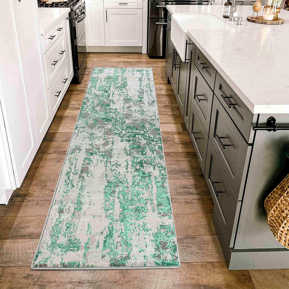 aqua grey abstract rug runner in a kitchen