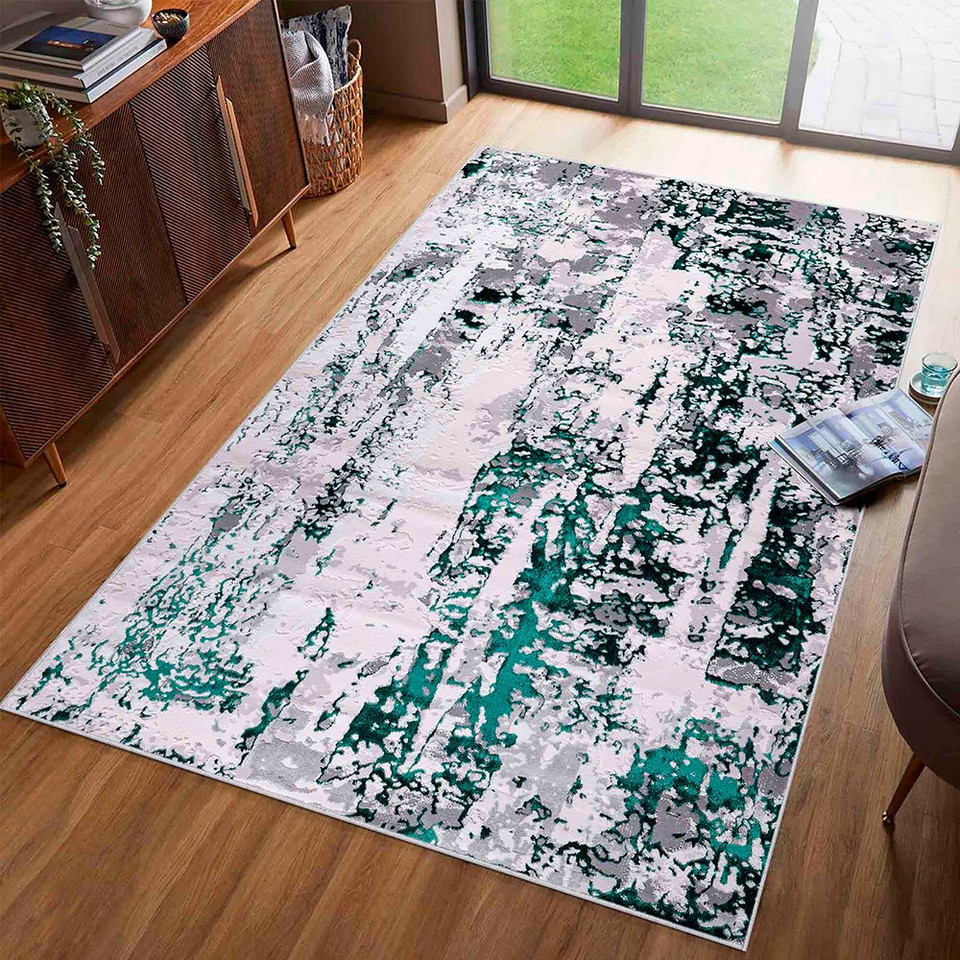 aqua grey abstract rug in a living room