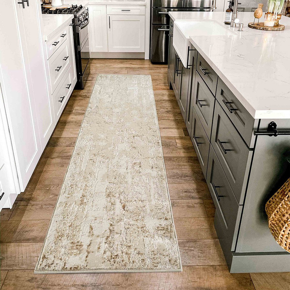 beige abstract rug runner in a kitchen