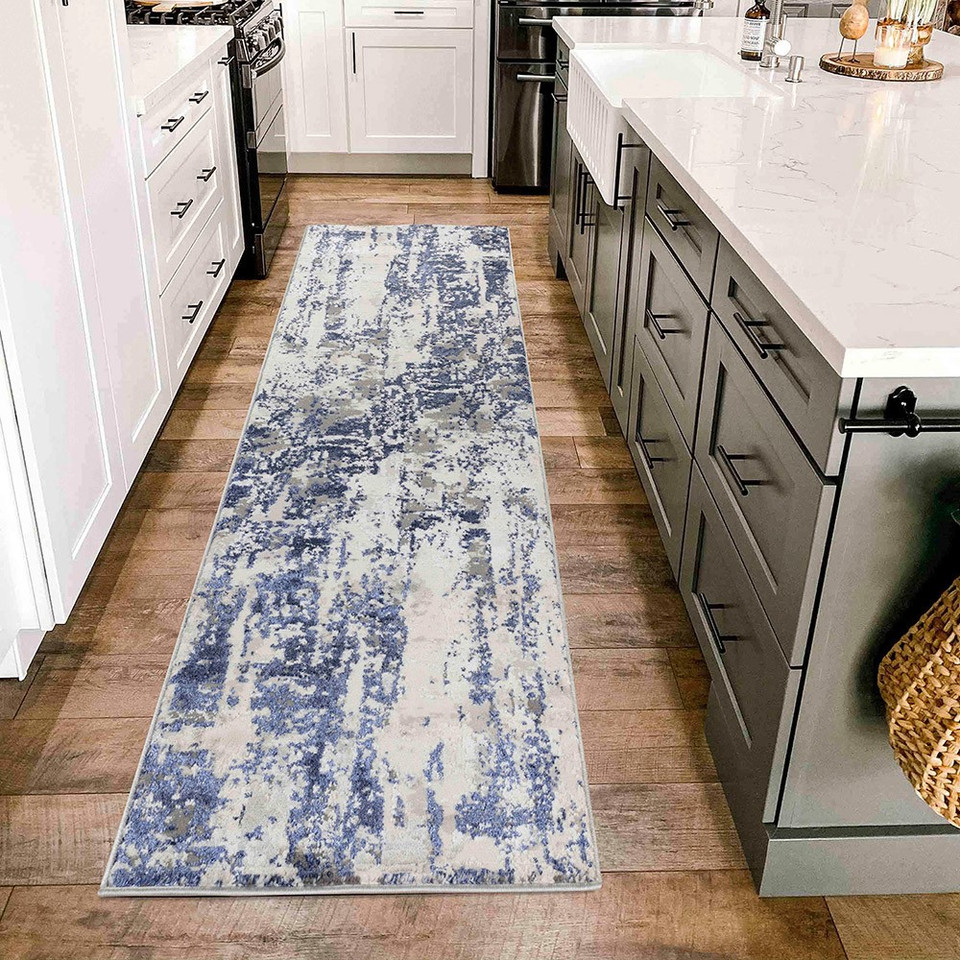 navy grey abstract rug runner in a kitchen
