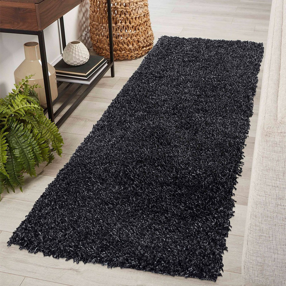 plain shaggy anthracite rug runner in a hallway