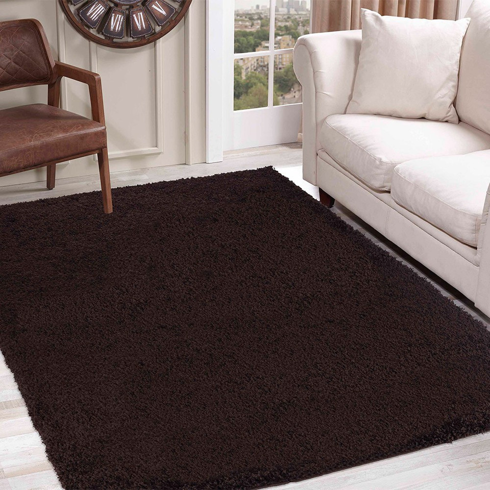 plain shaggy brown rug in a living room