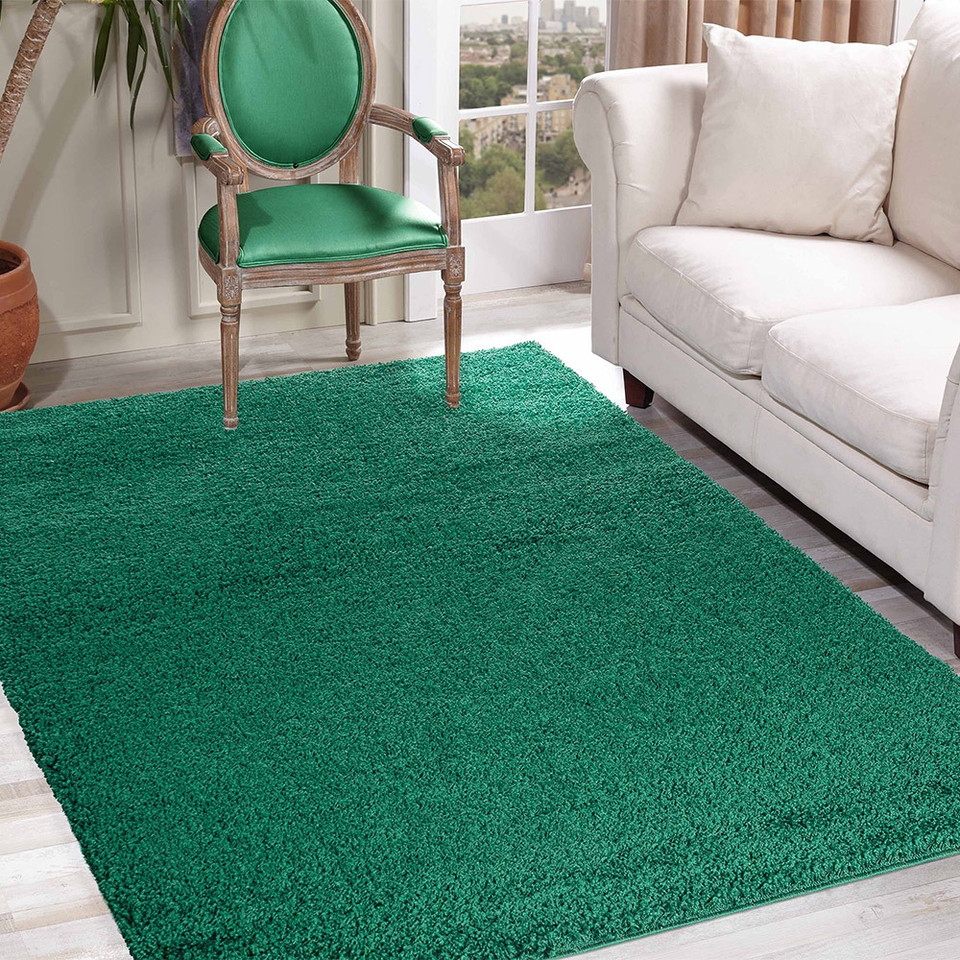 plain shaggy emerald rug in a living room