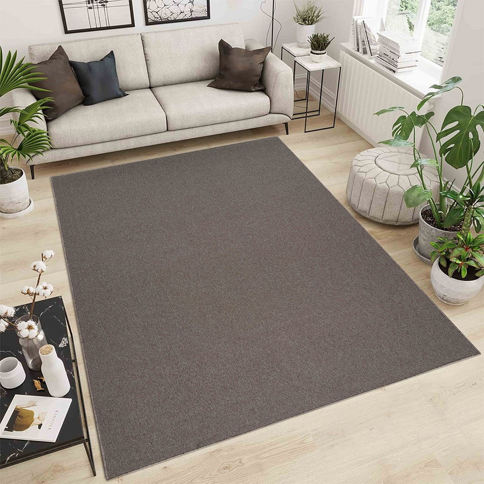 plain low pile dark beige rug in a living room with a wooden floor