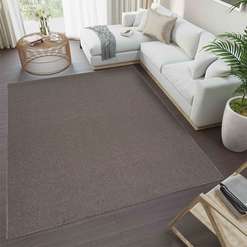 plain low pile dark beige rug in a living room with a dark floor