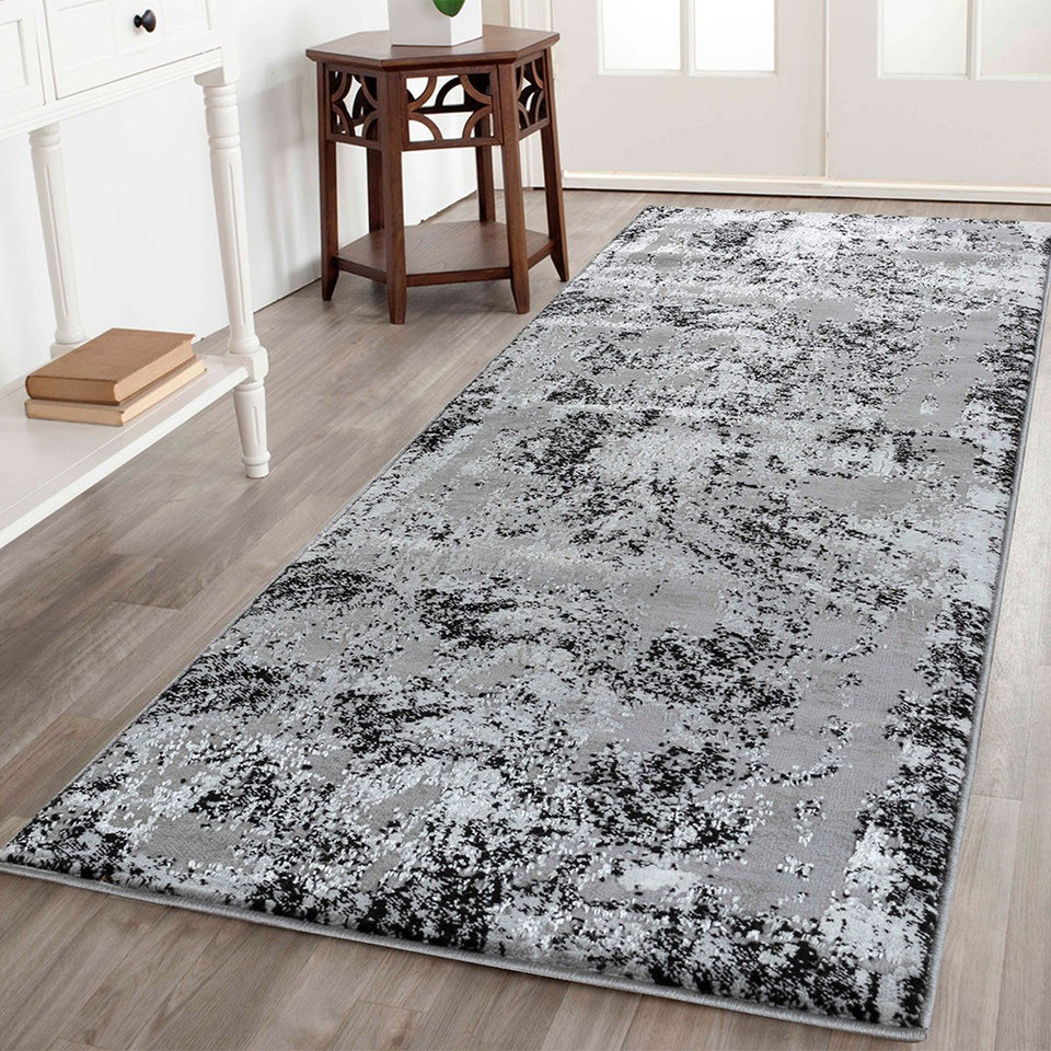 modern abstract acrylic black rug runner in a hallway