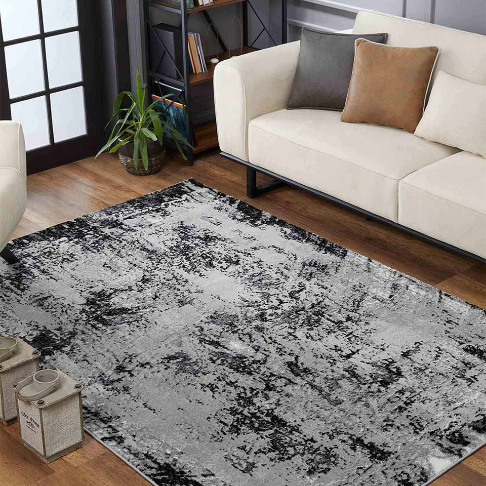 modern abstract acrylic black rug in a living room