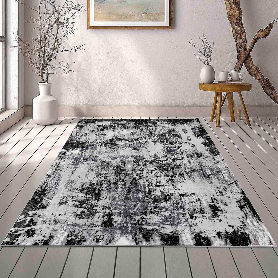 modern abstract acrylic black rug in a living room
