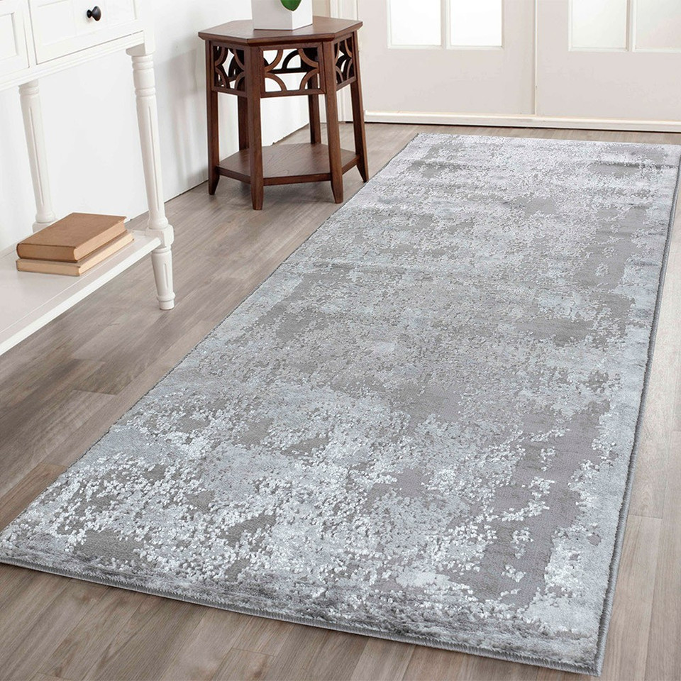 modern abstract acrylic grey rug runner in a hallway