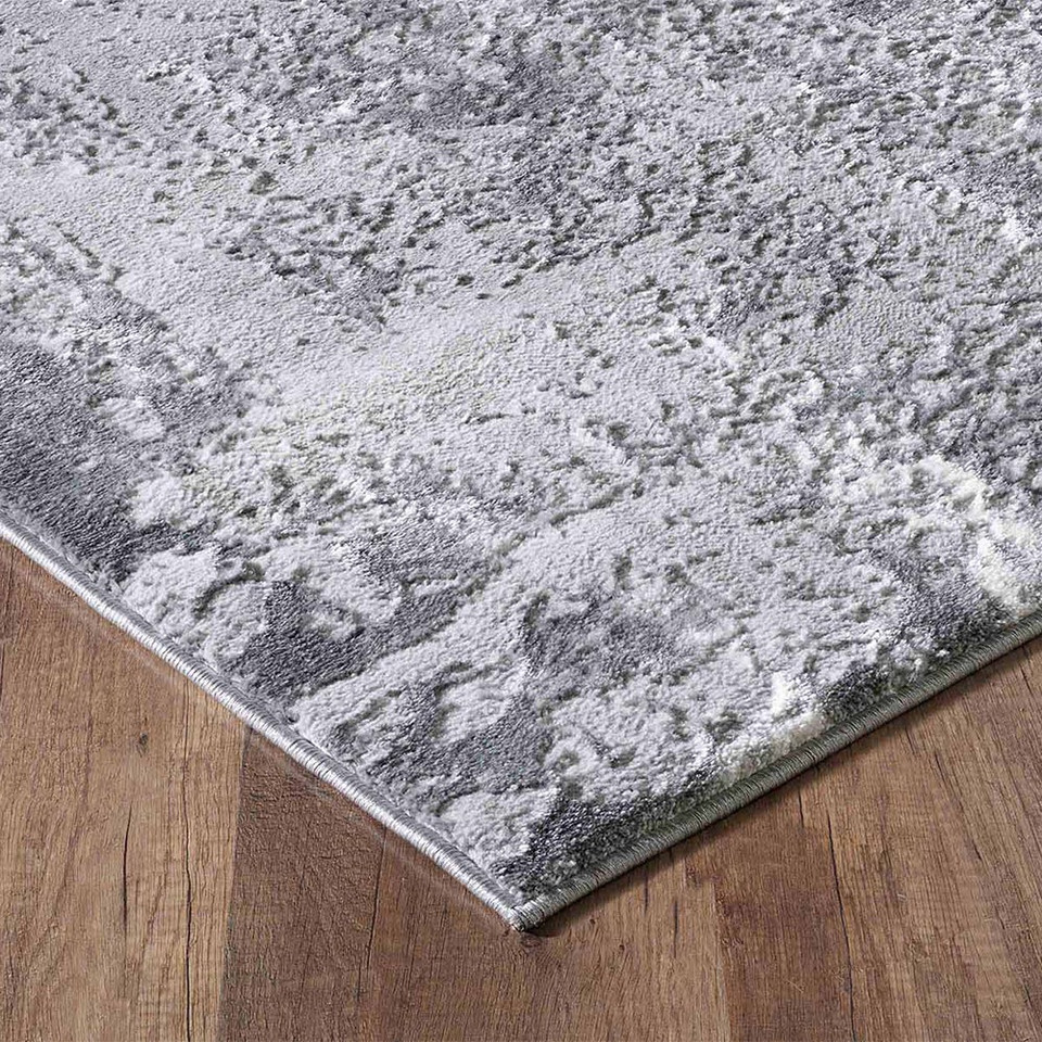 modern abstract acrylic grey rug runner closeup corner on wooden floor
