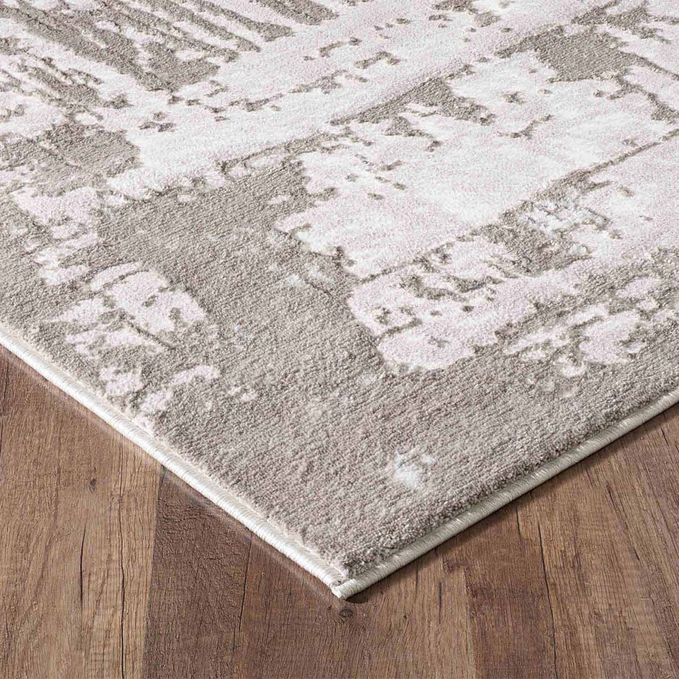 modern abstract acrylic stone rug runner closeup corner on wooden floor