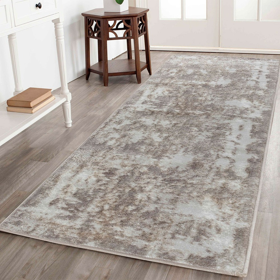 modern abstract acrylic stone rug runner in a hallway