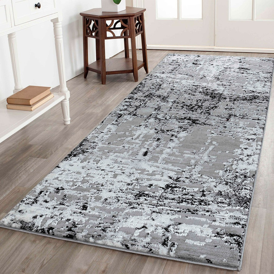 modern abstract lines black rug runner in a hallway