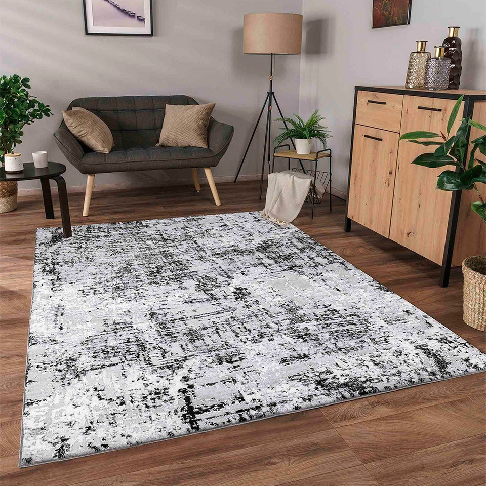 modern abstract lines black rug in a living room
