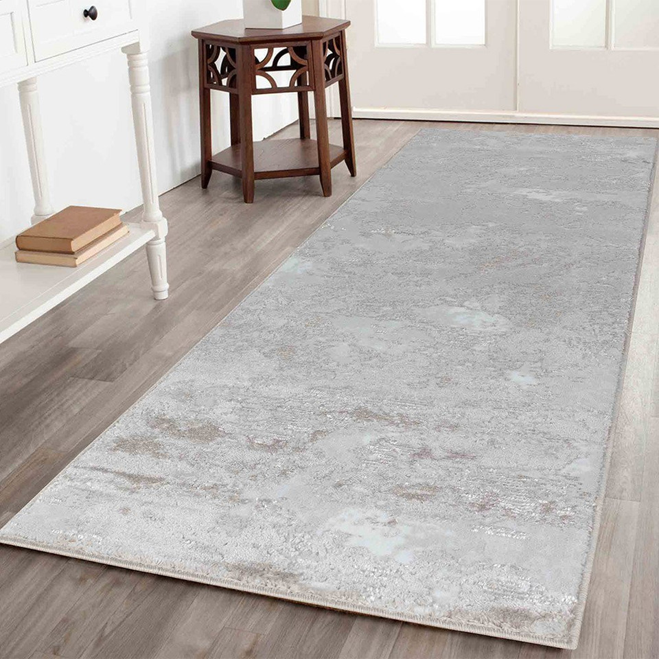 modern abstract sprayed stone rug runner in a hallway