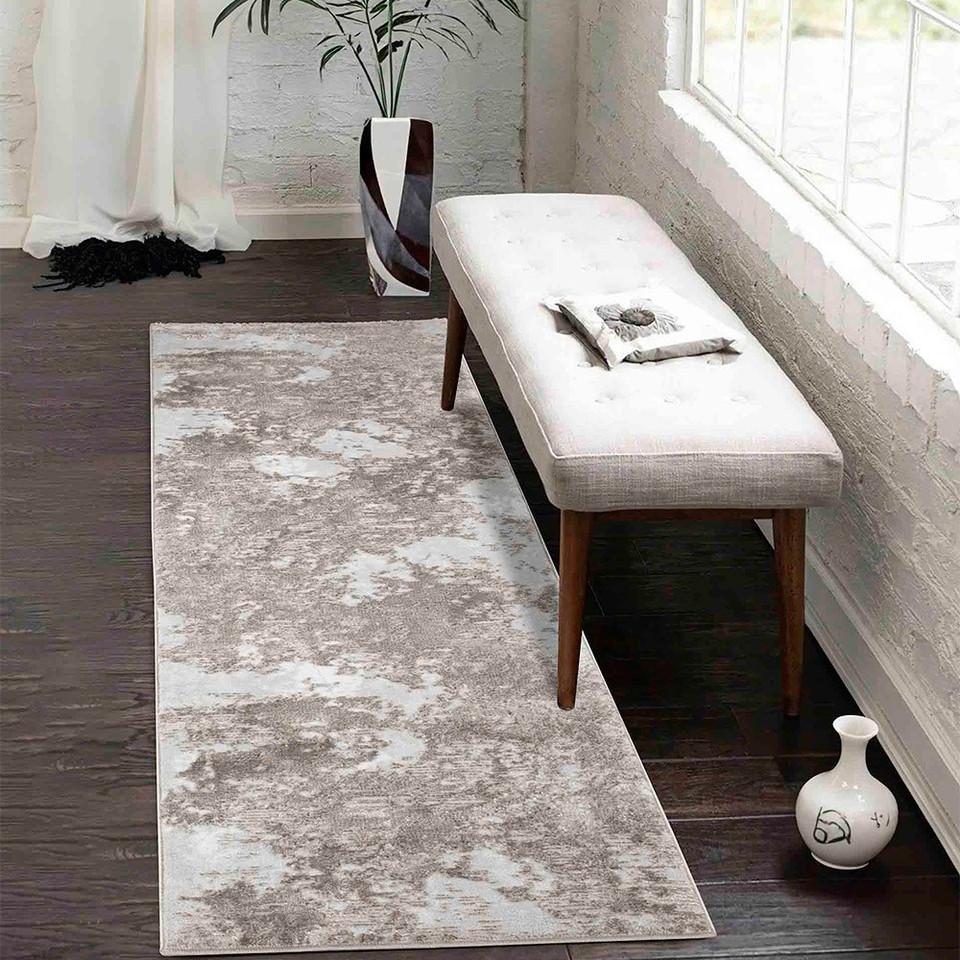 modern abstract sprayed stone rug runner in a hallway