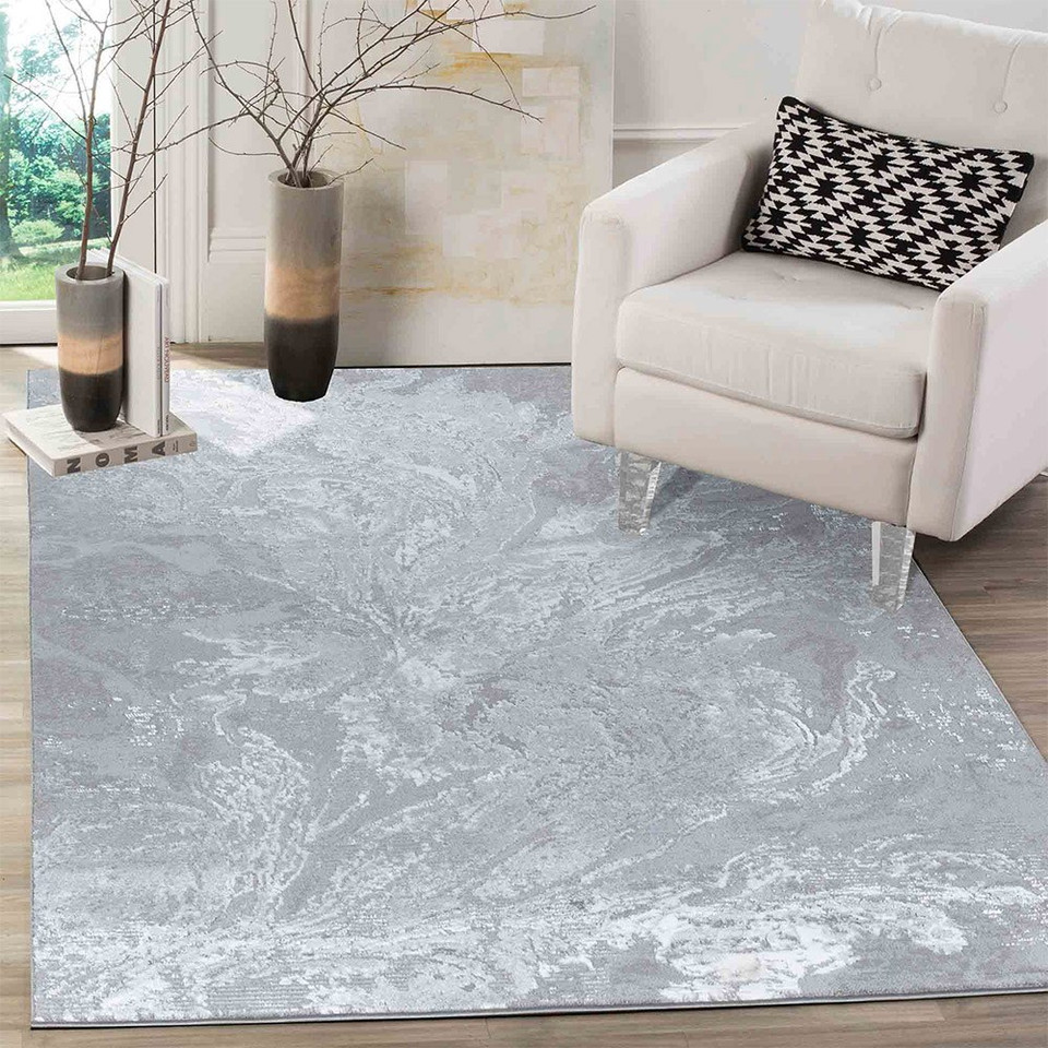 modern abstract water flow grey rug in a living room
