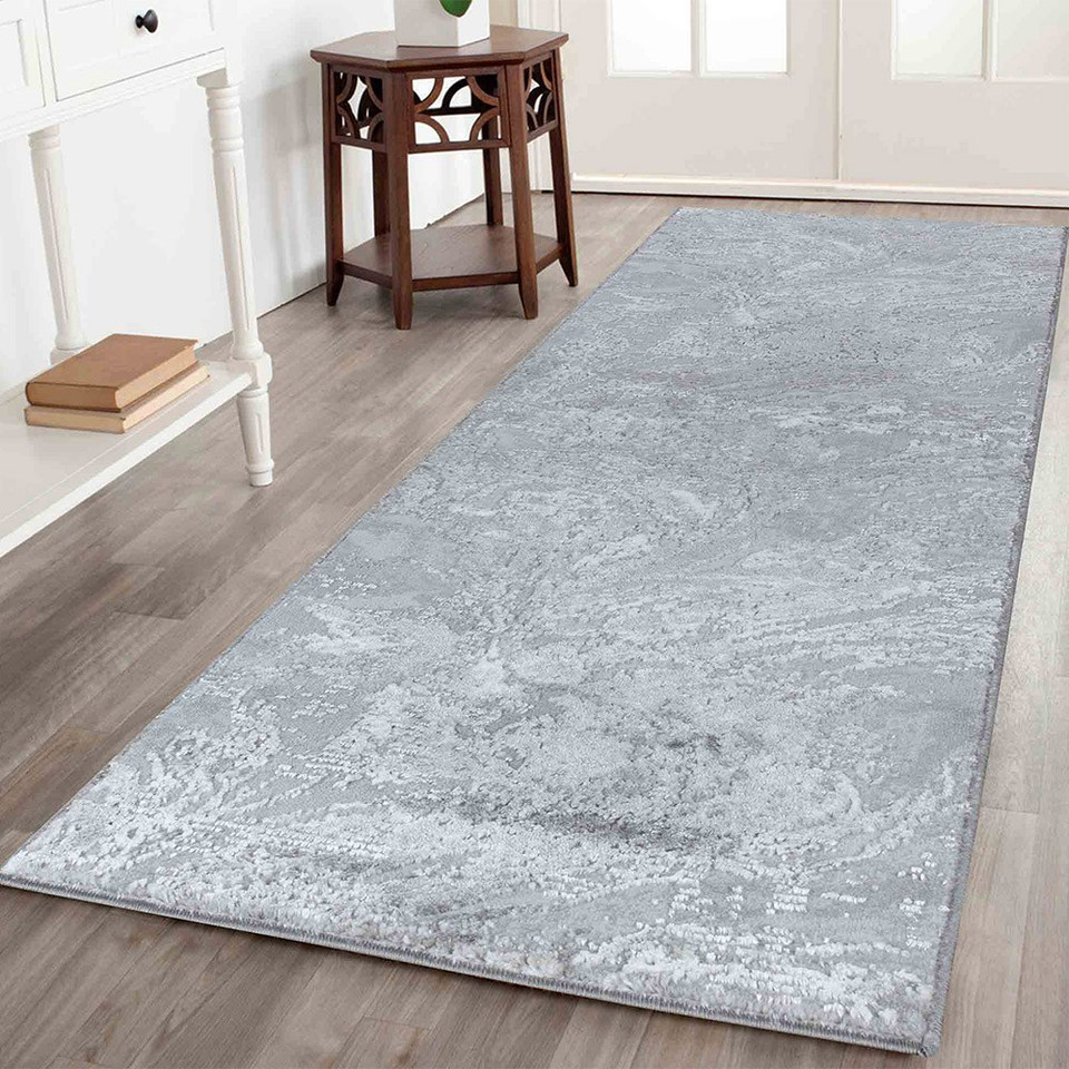 modern abstract water flow grey rug runner in a hallway
