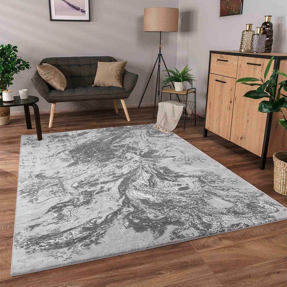 modern abstract water flow grey rug in a living room