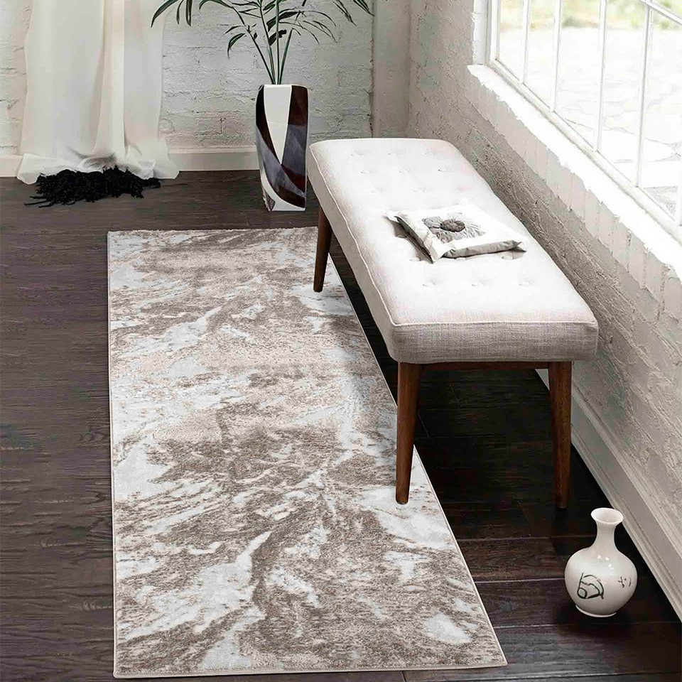 modern abstract water flow stone rug runner in a hallway