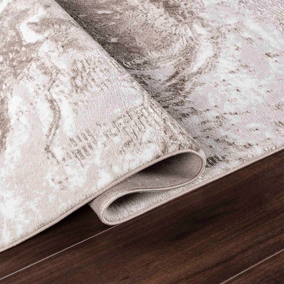 modern abstract water flow stone rug runner folded on wooden floor