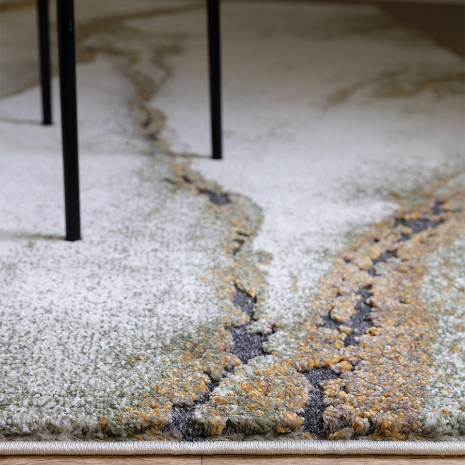 abstract green shaggy rug side angle view with table legs