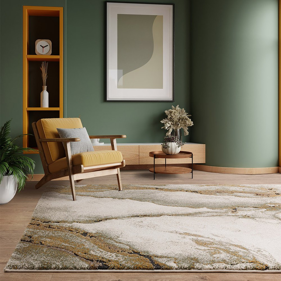abstract green shaggy rug in a living room with yellow sofa