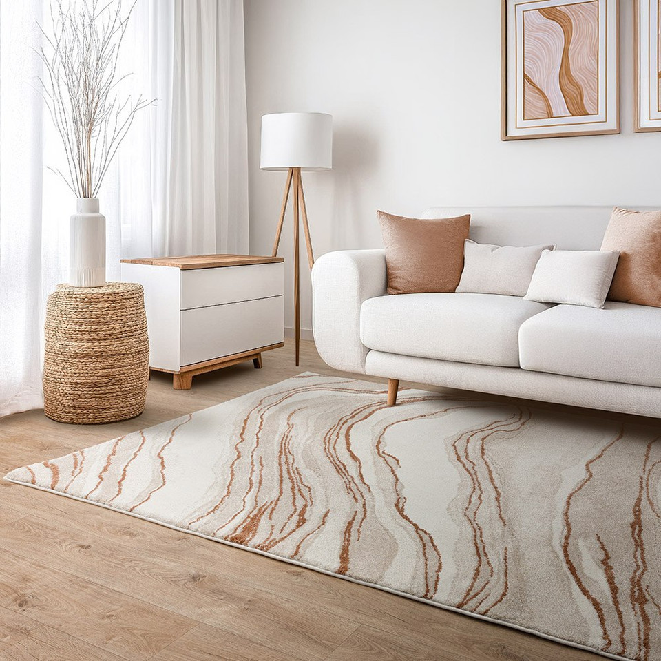 abstract terra shaggy rug in a living room with white sofa
