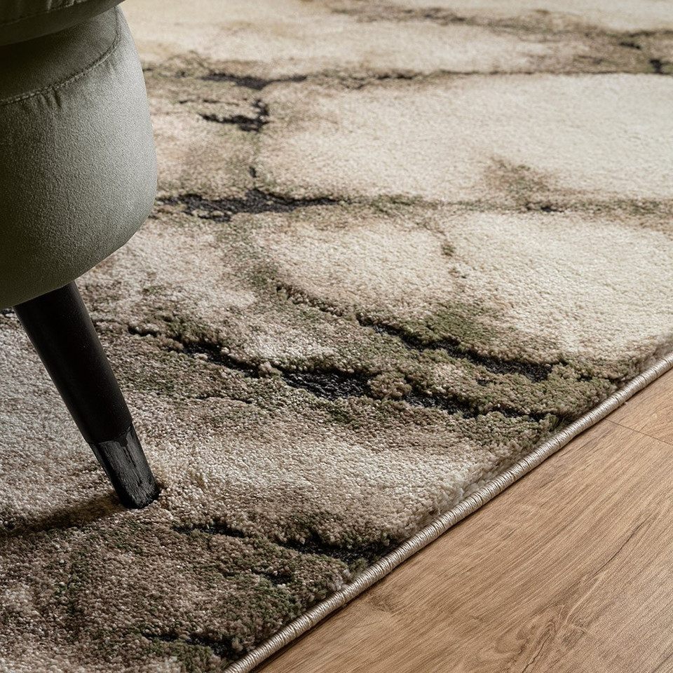 abstract green shaggy rug side angle view with table legs