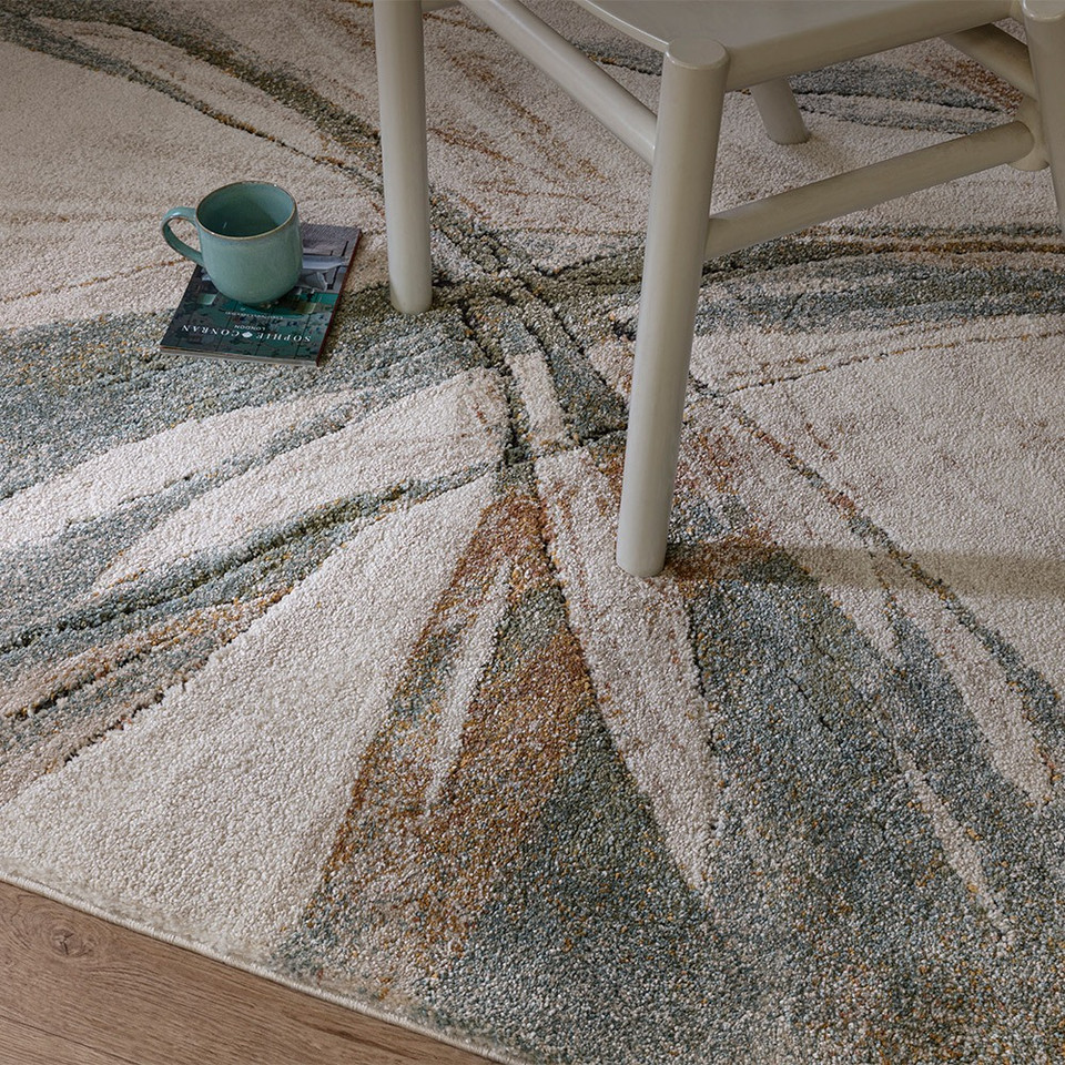 abstract blue shaggy rug side angle view with table legs
