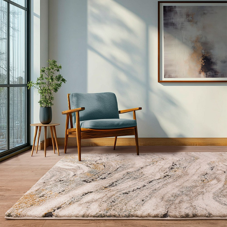 abstract blue shaggy rug in a living room with blue chair