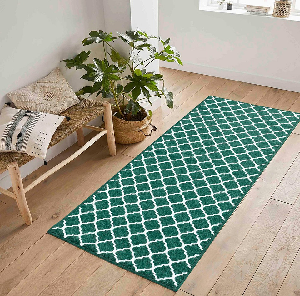 trellis emerald mat runner in a living room