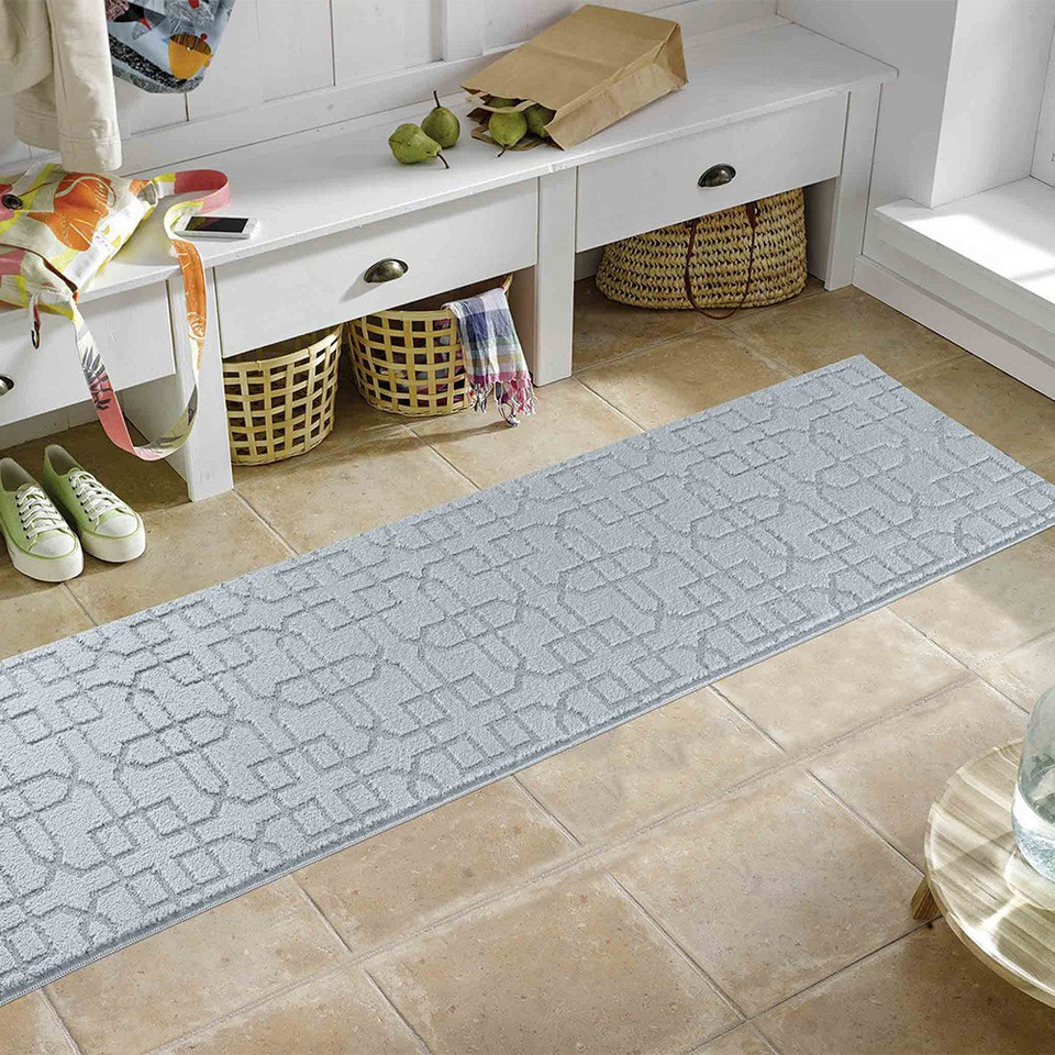 cubed trellis dark grey doormat runner in a living room