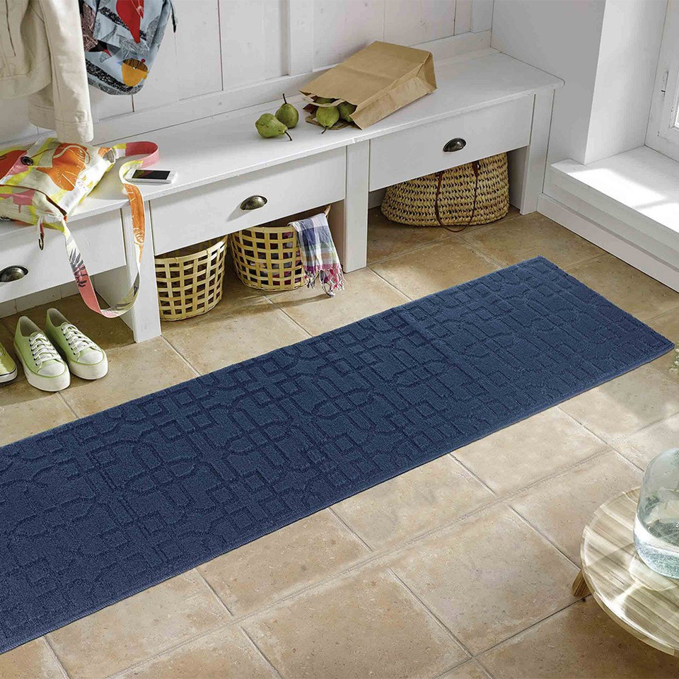 cubed trellis navy doormat runner in a living room