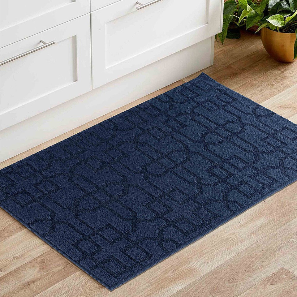 cubed trellis navy doormat in a living room