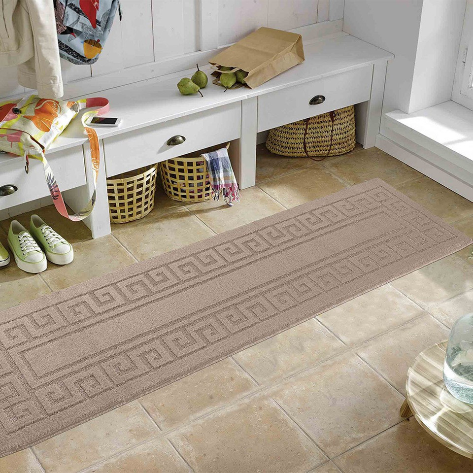 greek key beige doormat runner in a living room