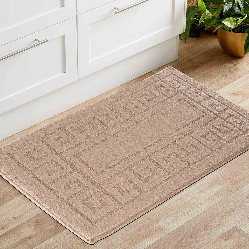 cubed trellis beige doormat in a living room