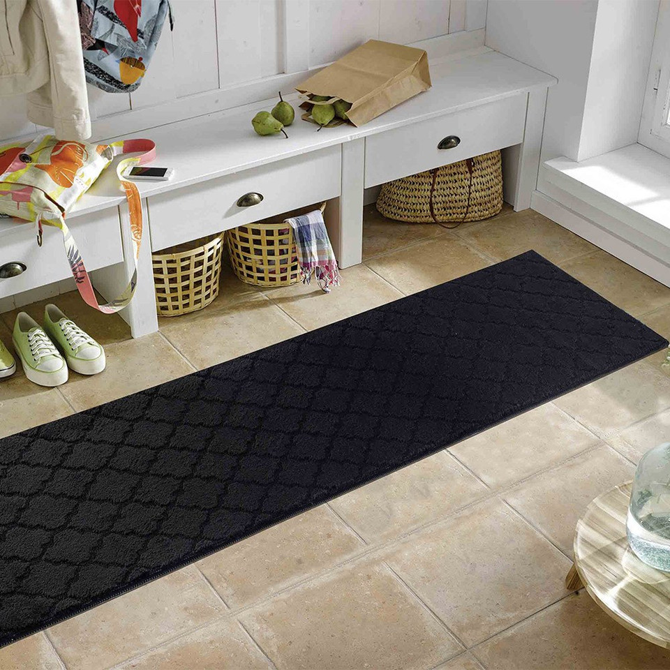 trellis black doormat runner in a living room
