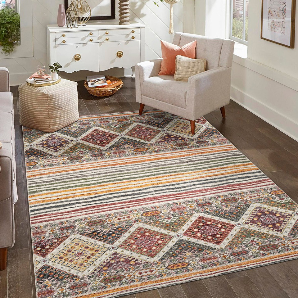 herigate multi-colour rug in a living room on hard wood floor