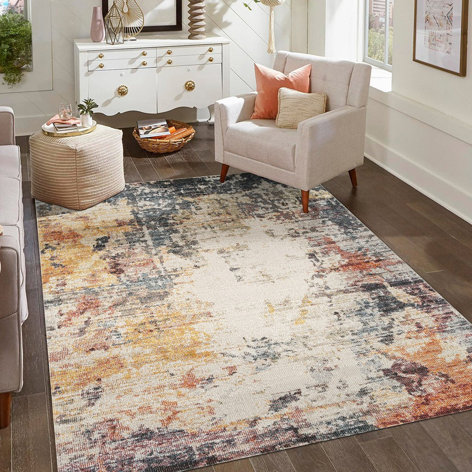 abstract multi-colour rug in a living room on hard wood floor