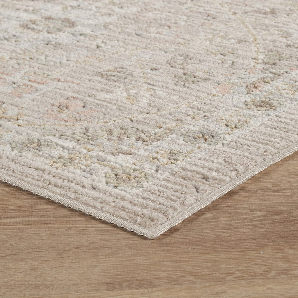 traditional floral beige rug runner side angle closeup corner