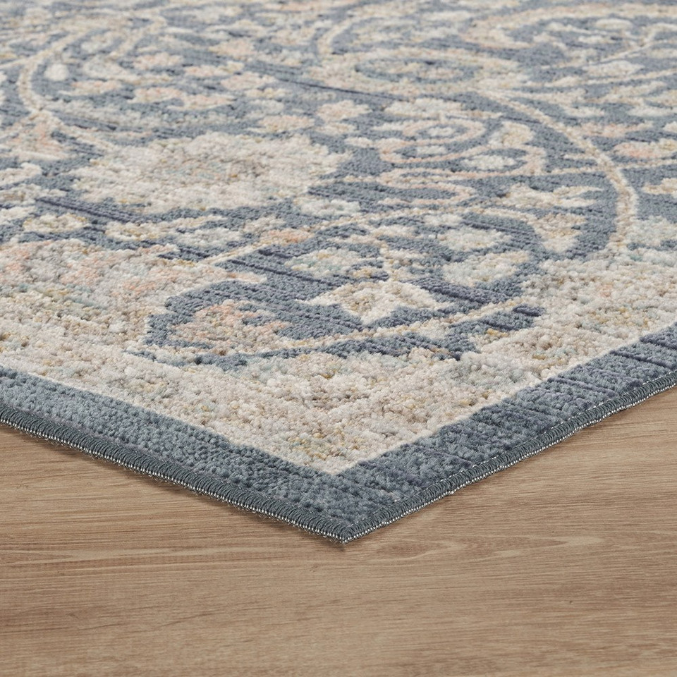 traditional floral navy rug runner side angle closeup corner