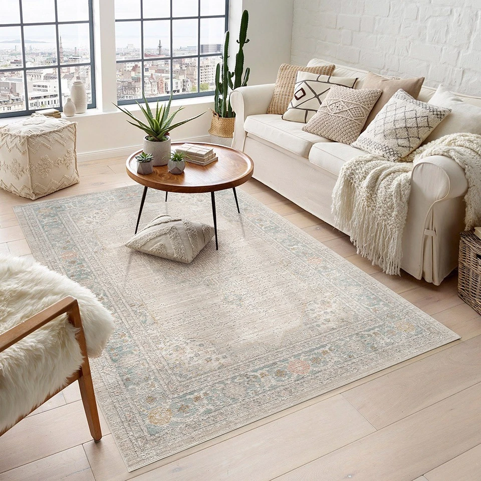 traditional orchid beige rug in a living room