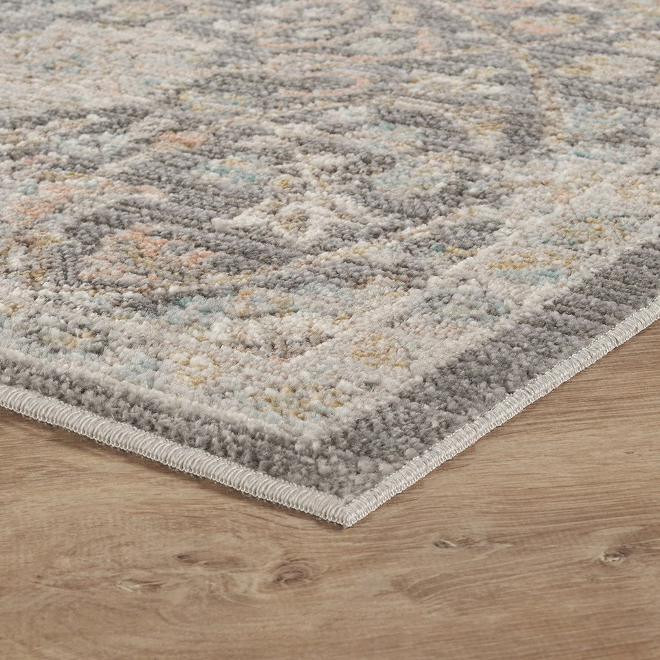 traditional floral grey rug runner side angle closeup corner