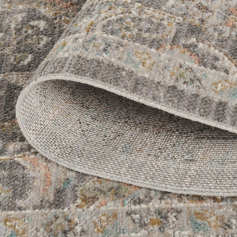 traditional floral grey rug runner closeup rolled